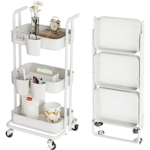 DTK 3 Tier Foldable Rolling Cart, Metal Utility Cart with Lockable Wheels, Folding Storage Trolley