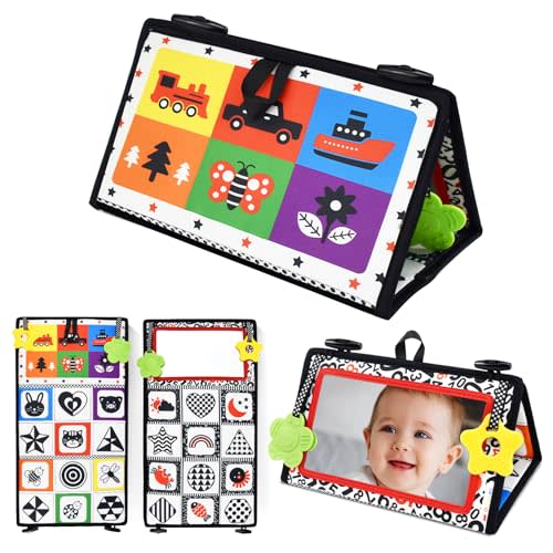 Dr.Rapeti Tummy Time Floor Mirror for Baby Infant Toddler Kids Black and White High Contrast baby toy with Teethers Floor Activity Toy Washable Non-Toxic