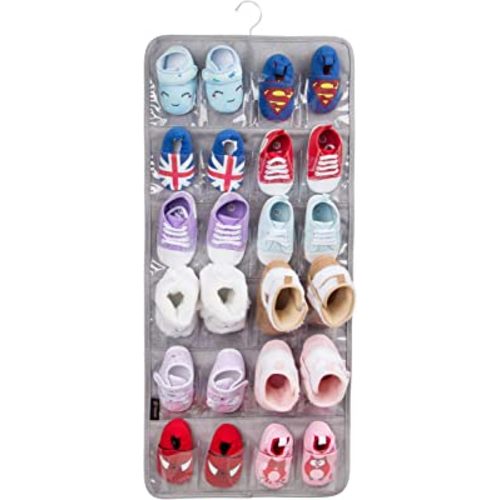 PACMAXI Over The Door Shoes Organizer for 12 Pairs of Baby Shoes Boys Girl, Hanging Baby Shoe Organizer with Hanger(Polyester Material-Grey)