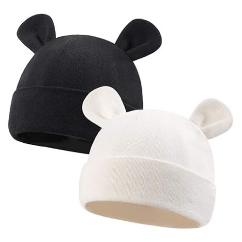 Duoyeree Baby Hat Newborn Hat Adorable Cotton Bear Ear Beanie Cap for Infant Girl Boy 0-6 Months, White and Black