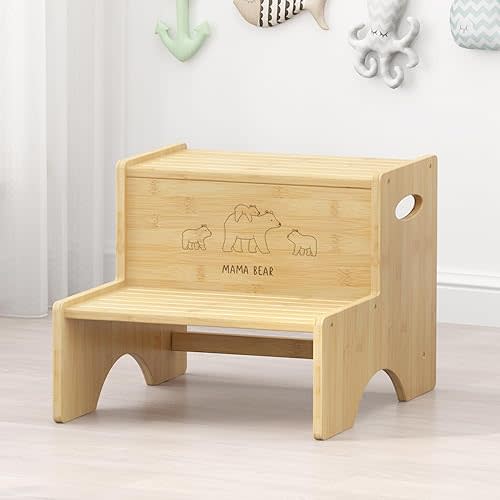 Bamboo 2 Step Stools for Toddlers, Kids Potty Stepping Stool for Bathroom Sink Kitchen Two Step Stool for Adults Women Closet Stepstool Non-Slip Heavy Duty Baby High Bed Foot Stool Holds up to 450Lb
