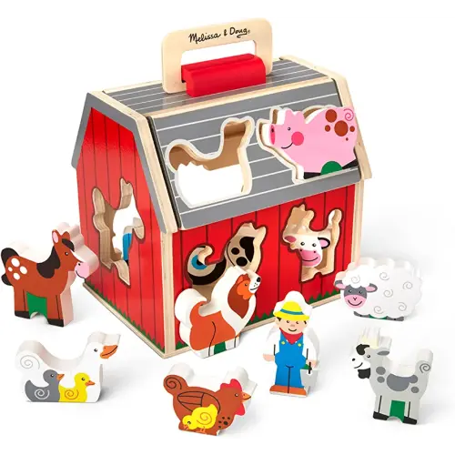 Melissa & Doug Wooden Take-Along Barn Toy with Flip-Up Roof and Handle, 10 Farm Play Pieces, Shape Sorting And Stacking Learning Toys For Toddlers And Kids Ages 2+