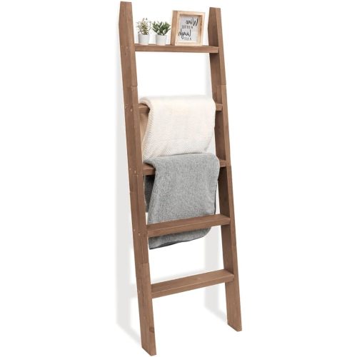 FUIN 5ft (58") Wood Blanket Ladder Living Room Decorative Wall Leaning Farmhouse Quilt Display Holder Shelf Rustic Wooden Towel Rack for Bathroom, Brown