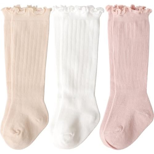 DRESHOW BQUBO Baby Girls Knee High Socks Infants Toddlers Kids Ruffled Socks Uniform Dress Socks Knit Cotton Long Stockings