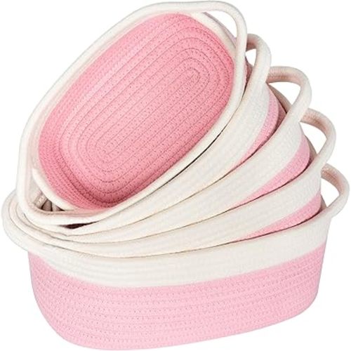 MINTWOOD Design 5 Piece Storage Basket Set for Shelves, Small Decorative Woven Baskets for Organizing, Baskets for Gifts Empty, Dot Toy Basket, Bathroom Basket, Catch All Tray, Cat Toy Box, Soft Pink