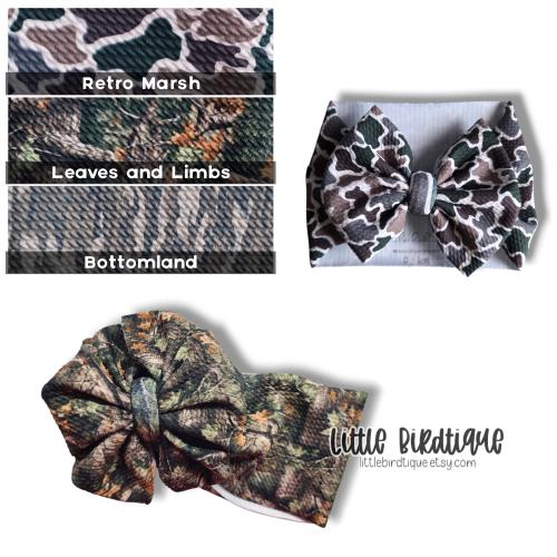 Camo Camouflage Real Leaves and Limbs Marsh Bottomland Western Cowgirl Bow on Nylon Clip Piggies Headwrap Top Knot Messy Wrap Rose Knot