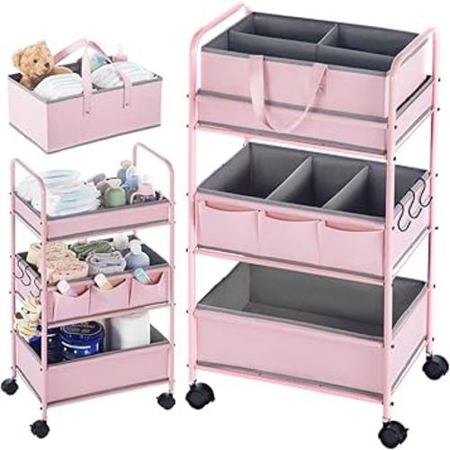 Honeydak 2in1 Baby Diaper Caddy Organizer Cart 3 Tier Large Capacity Metal Utility Bedside Rolling Cart with Divider for Newborn Nursery Essential Must Have for Crib Bedroom Baby Shower(Pink)