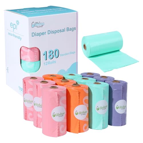 Diaper Bags Disposable for Baby, 12 Refill Rolls/180 Bags OXO-Biodegradable Waste Bags,Dirty Disposable Diaper Bags,Diaper Trash Bags,Rainbow