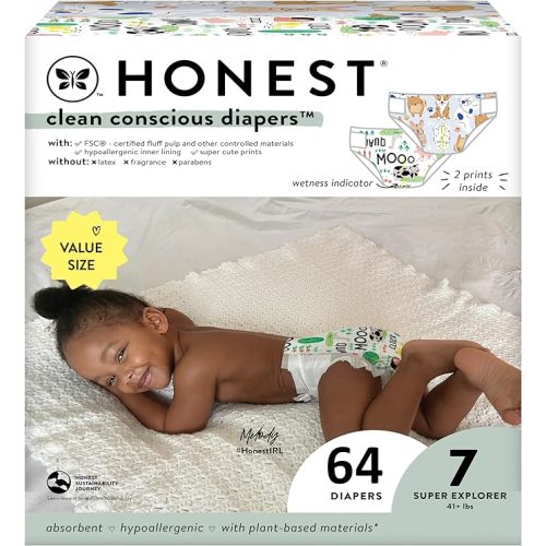 The Honest Company Clean Conscious Diapers | Plant-Based, Sustainable | Barnyard Babies + It’s A Pawty | Super Club Box, Size 7 (41+ lbs), 64 Count