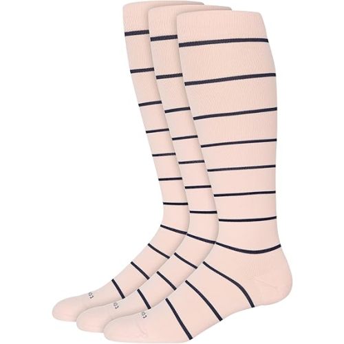 Comrad Nylon Knee High Socks - 15-20mmHg Graduated Compression Socks - Soft & Breathable Support Unisex Socks - Regular - Medium - Rose/Navy Stripe - 3 Pack