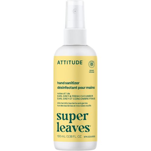 ATTITUDE Hand Sanitizer Spray, EWG Verified, Kills Germs & Bacteria, Vegan & Plant-Based, Safe for Adults & Kids, Earl Grey & Fresh Cucumber Scent, 100 mL (Spray Bottle)