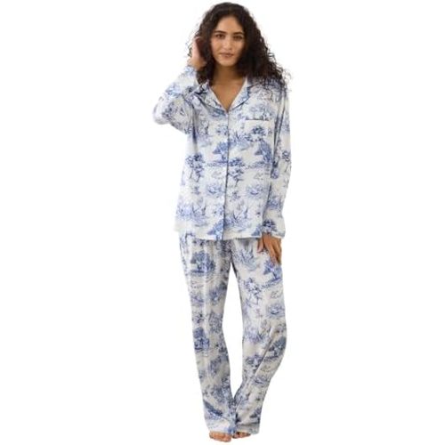 Womens Pajamas Set 2 Piece Long Sleeve Sleepwear Button Down Pjs Lounge Set Nightwear with Pockets