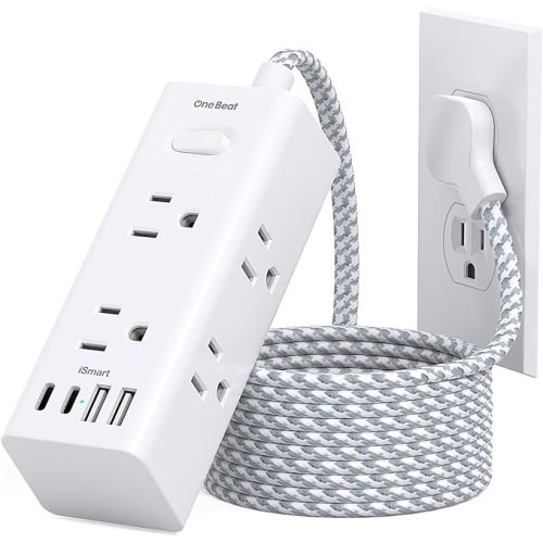 Flat Plug Extension Cord 6 Ft, One Beat 6 Feet Surge Protector Power Strip with 6 Widely Outlets 4 USB Ports (2 USB C), 3 Way Wall Outlet Extender Extension Cord for Home Office College Dorm Room