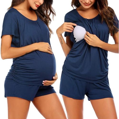 Ekouaer Women's Maternity Nursing Pajamas Set Breastfeeding Sleepwear Double Layer Short Sleeve Top & Shorts Pregnancy PJS