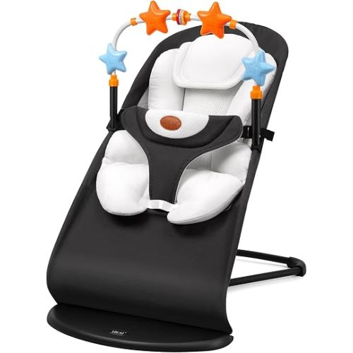 HKAI Baby Bouncer Seat Set with Toy Bar & Seat Pad, Portable Infant Rocker Chair for Babies 0-12 Months, 3-Position Adjustable Backrest, Rocking & Stationary Modes