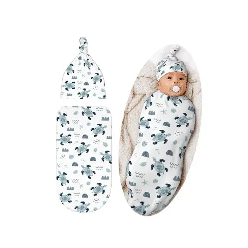 Sea Turtle Baby Stuff Swaddle Blanket Set with Beanie Hat for Boys and Girls, Soft and Stretchy Newborn Sleeping Sack Receiving Blanket Shower Gift