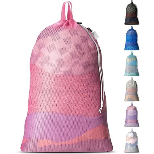 Large Mesh Laundry Bag - Carry Handles, Secure Drawstring Closure, Machine Washable, Spacious Storage, Durable Soft Mesh Net Material, College Dorm, Camp, Laundromat. (Pink)