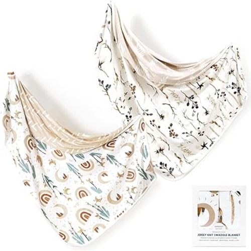 GRSSDER Baby Blankets Super Soft Jersey Knit Swaddle Blanket 2 Pack for Baby Girls and Boys, Double Layer Reversible Receiving Blankets 34 x 44 Extra Large for Swaddling, Rainbow & Beige