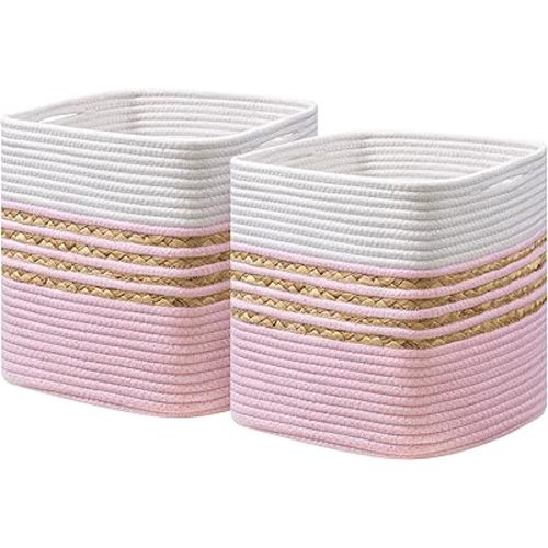 UBBCARE Set of 2 Storage Cubes 11 X 11 X 11 in, Water Hyacinth Storage Bins for Shelves, Toys, Book, Storage Baskets with Handles, Cotton Rope Woven Baskets for Organizing, Pink