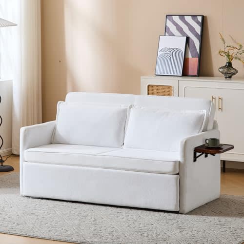 FLEXISPOT XCT4 Convertible Sofa Bed with Tray Table, 3-in-1 Loveseat Sofa Couch w/USB and Type-C Charging Ports, Pull-Out Sleeper Couch w/Pillows for Living Room Dorms Apartment, White