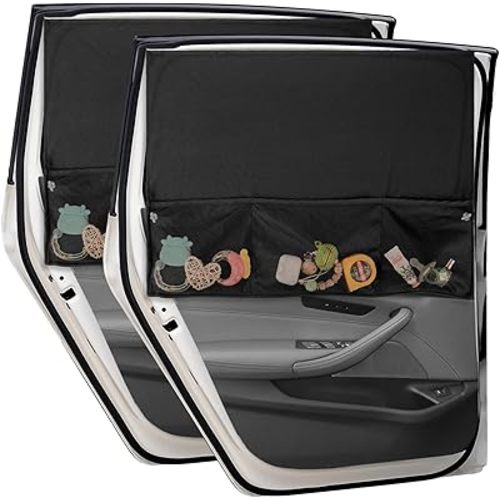 Window Shade for Baby - 2 Pack Side Window Curtain With Storage Pockets - Car Sunshades With Magnets & Suction Cups for Blackout Sun/Heat/UV Protection - Camping