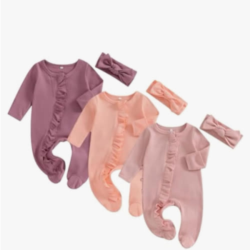 Merqwadd Baby Girl Zipper Pajama Footies 3 Pack Ruffle Sleeper Coming Home Infant Cotton Clothes