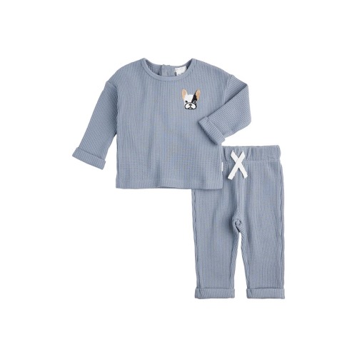Baby Frenchie Appliqué Thermal Knit Henley & Pants Set, 12 M, Blue