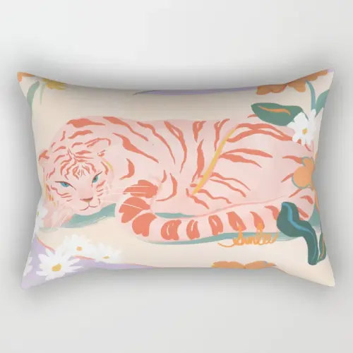 Pink Tiger in Wild Garden Rectangular Pillow