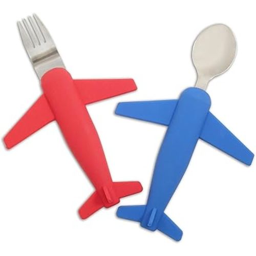 Kids' Airplane Fork & Spoon Set, Stainless Steel & Silicone