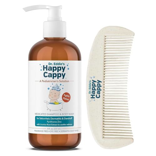 Happy Cappy Cradle Cap Medicated Shampoo and Body Wash with Comb - Baby Dandruff Shampoo, Helps Infants with Seborrheic Dermatitis, Reduces Flakes, Dermatologist Tested, Fragrance Free - 8 fl oz