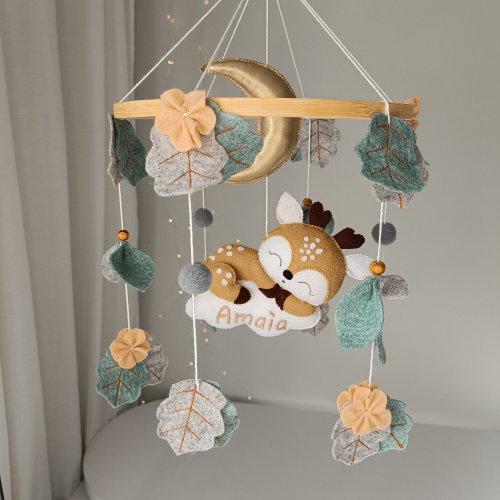 Woodland Deer Crib Mobile, Felt Forest Flowers, Personalized Nursery Decor
