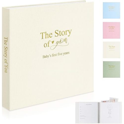 Timeless First 5 Years Keepsake Baby Memory Book for Boy or Girl, Luxury Linen Cover Acid Free Pages, Neutral Baby Journal Milestone Book or Scrapbook, Record the Story of You from Birth to Age 5