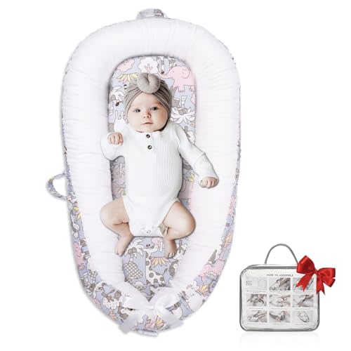 JOCUTE Baby Lounger, Portable Newborn Lounger, Organic Cotton Infant Nest Cover, Adjustable Infant Lounger, Ultra Baby Gift, Baby Bed in Room