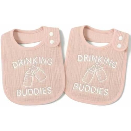 Twin Bibs – Ultra-Soft Cotton Yarn Twin Baby Bibs - 'Drinking Buddies' Design, High Absorbency, Perfect Infant Gift