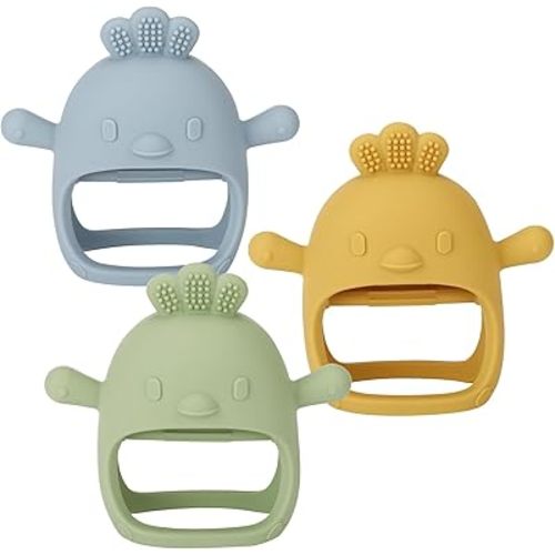 Socub 3 Pack Silicone Baby Teether Toys for Infants 3+ Months, BPA Free Anti-Drop Silicone Mitten Teething Toy for Soothing Sore Gums, Baby Chew Toys for Sucking Needs, Olive,Dusty Blue,Mango