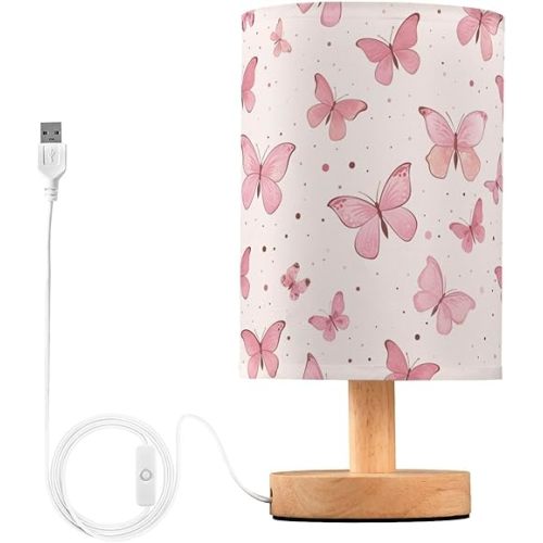Table Lamp Pink Butterfly Nightstand lamp Fabric Lamps with Wood Base Fabric Shade Bedside Desk Lamps for Bedroom Living Kids Room Desk Nursery Office Pretty Home Decor