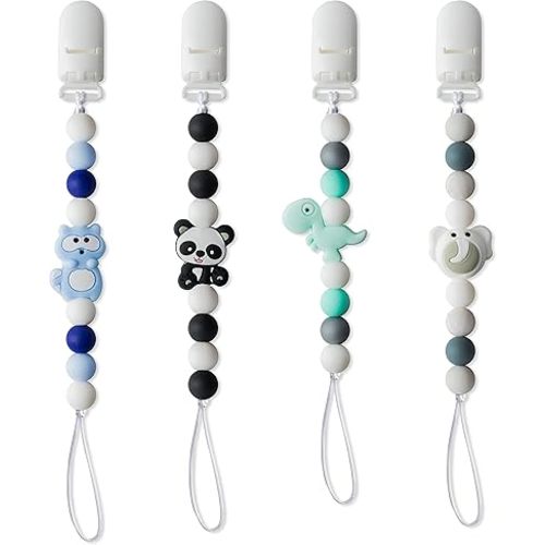 4Pcs Silicone Pacifier Clip for Babies Infant Animal Teething Panda Dinosaur Elephant Raccoon Soothie Toy Teethers Clips for Baby Shower Birthday Keepsake Christmas New Year Gift