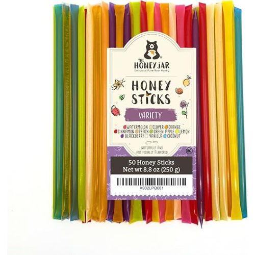 The Honey Jar Variety Pack Honey Sticks - Pure Honey Straws For Tea, Coffee, or a Healthy Treat - One Teaspoon of Flavored Honey Per Stick - Made In The USA with Real Honey - (50 Count)