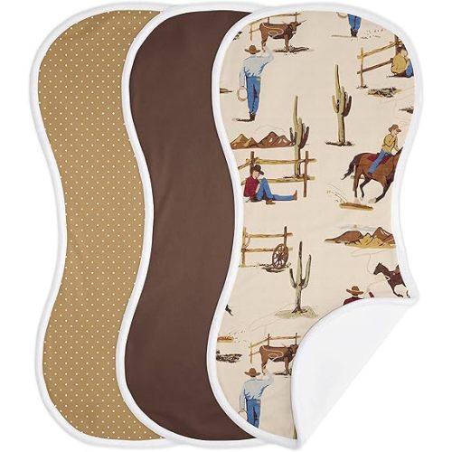 Sweet Jojo Designs Western Cowboy Baby Boy Absorbent Burp Cloths for Infant Newborn - Red Blue Tan Chocolate Brown and White Wild West Southern Country Horse - 3 Pack Set of Dribble Drool Cloths