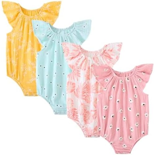 Newborn Baby Girl Sleeveless Rompers Ruffle Bodysuits Infant Outfits 4 Pack
