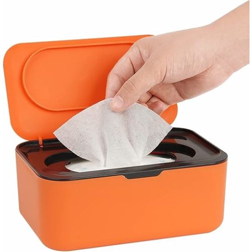 Wipes Dispenser, Wipe Holder for Baby & Adult, Seposeve Refillable Wipe Container, Keeps Wipes Fresh, One-Handed Operation. Non-Slip, Easy Open/Close Wipes Pouch Case, Orange