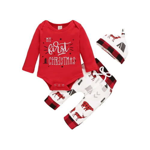 My First Christmas Outfits Baby Boy Girl 6 12 18 24 Months Long Sleeve Romper Onesie Pants Hat 3Pcs Fall Winter Clothes