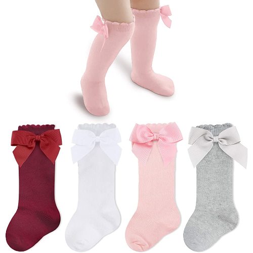 CozyWay Baby Girls Knee High Socks 3/6 Pack Bow Long Stockings Infants Toddlers Ruffled Socks School Uniform Leggings