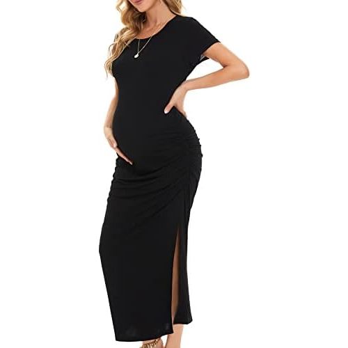 Smallshow Women's Split Long Maternity Dress Short Sleeve Ruched Pregnancy Clothes