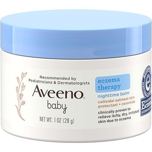 Aveeno Baby Eczema Therapy Nighttime Moisturizing Balm, Colloidal Oatmeal & Ceramide, Soothes & Relieves Dry, Itchy Skin from Eczema, Hypoallergenic, Fragrance-Free, Travel Size, 1 oz