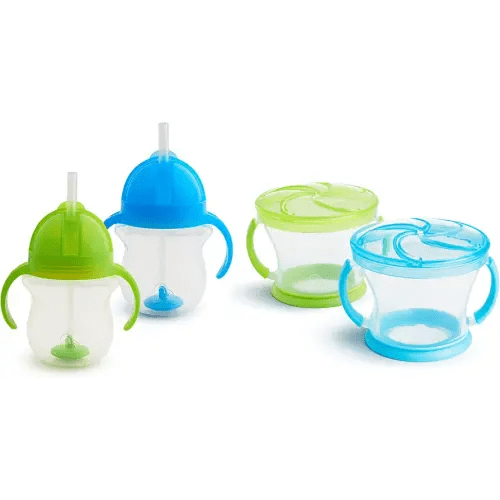 Munchkin® Happy Snacker Snack Catcher® and Any Angle™ Weighted Straw Trainer Cup Set, 4 Pack, Blue/Green
