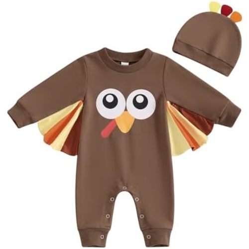 Newborn Baby Boy Girl Thanksgiving Jumpsuit Turkey Print Long Sleeve Bubble Romper Crest Hat Infant 2Pcs Fall Outfits