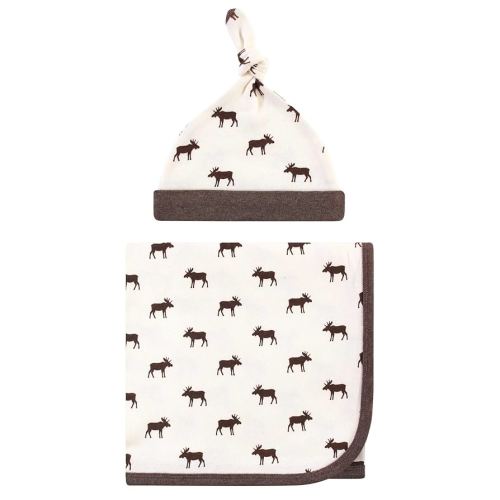 Touched by Nature Unisex Baby Organic Cotton Swaddle Blanket and Headband or Cap, Moose, One Size