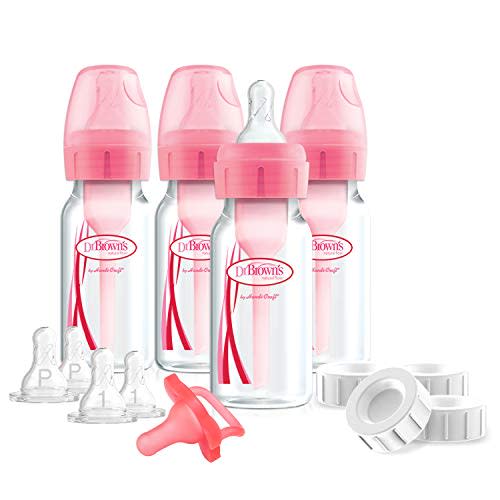 Dr. Brown’s Natural Flow Anti-Colic Options+ Narrow Breast to Bottle Pump & Store Feeding Set with Slow Flow Nipples, Baby Bottle Travel Caps and 100% Silicone HappyPaci One-Piece Pacifier, Pink - Breast to Bottle Feeding Set, Pink - Pink Gift Set-4 Ounce