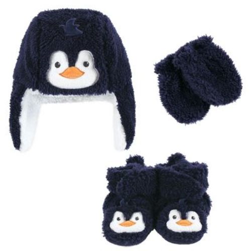 Hudson Baby Infant Boys Trapper Hat, Mitten and Bootie Set, Navy Penguin, 0-6 Months